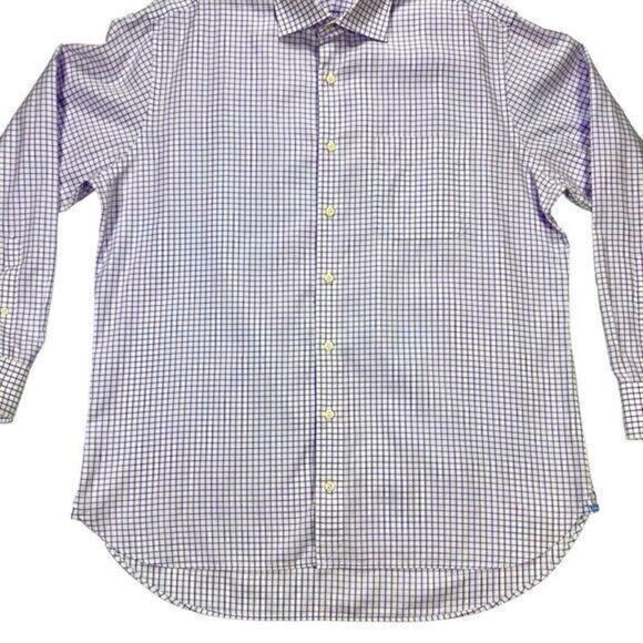 Peter Millar Dress Shirt Mens Sz 17 Long White Purple Plaid Cotton Button Front - Picture 7 of 16